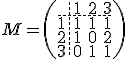 M=\(\array{3,c.cccBCCC$&1&2&3\\\hdash~1&1&1&1\\2&1&0&2\\3&0&1&1}\) 